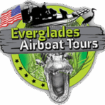 Official logo of Everglades Airboat Tours featuring an airboat, American flag, wildlife, and the Everglades landscape