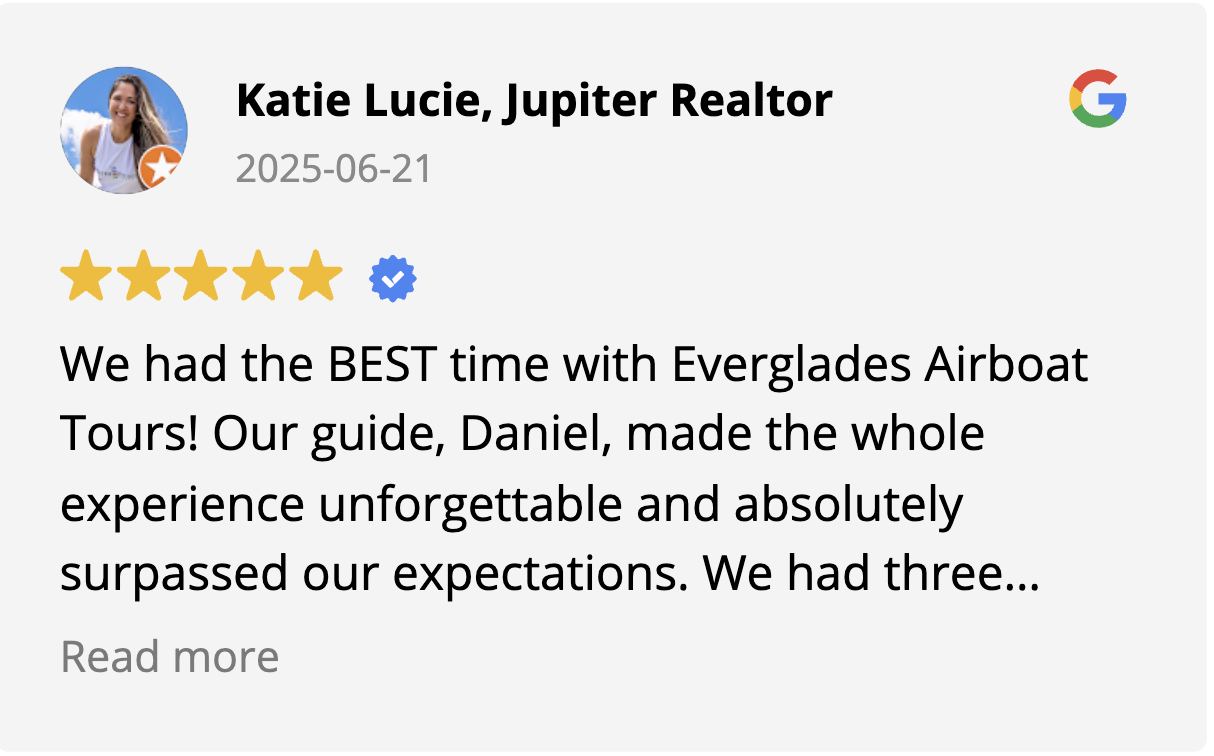 5-star review by Katie Lucie about her Everglades Airboat Tour experience with guide Daniel