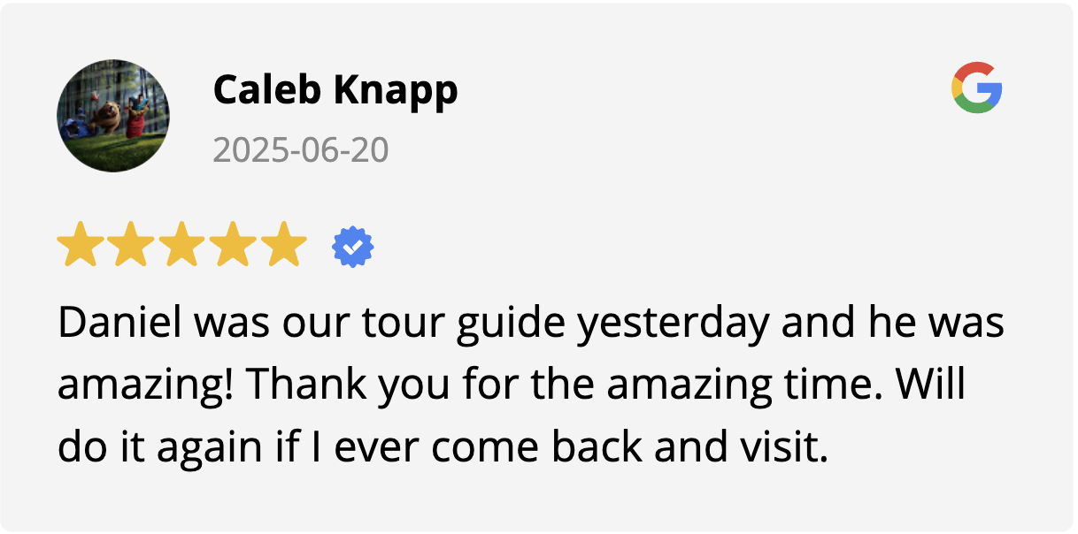 Caleb Knapp leaves a 5-star Google review complimenting his tour guide Daniel and the experience