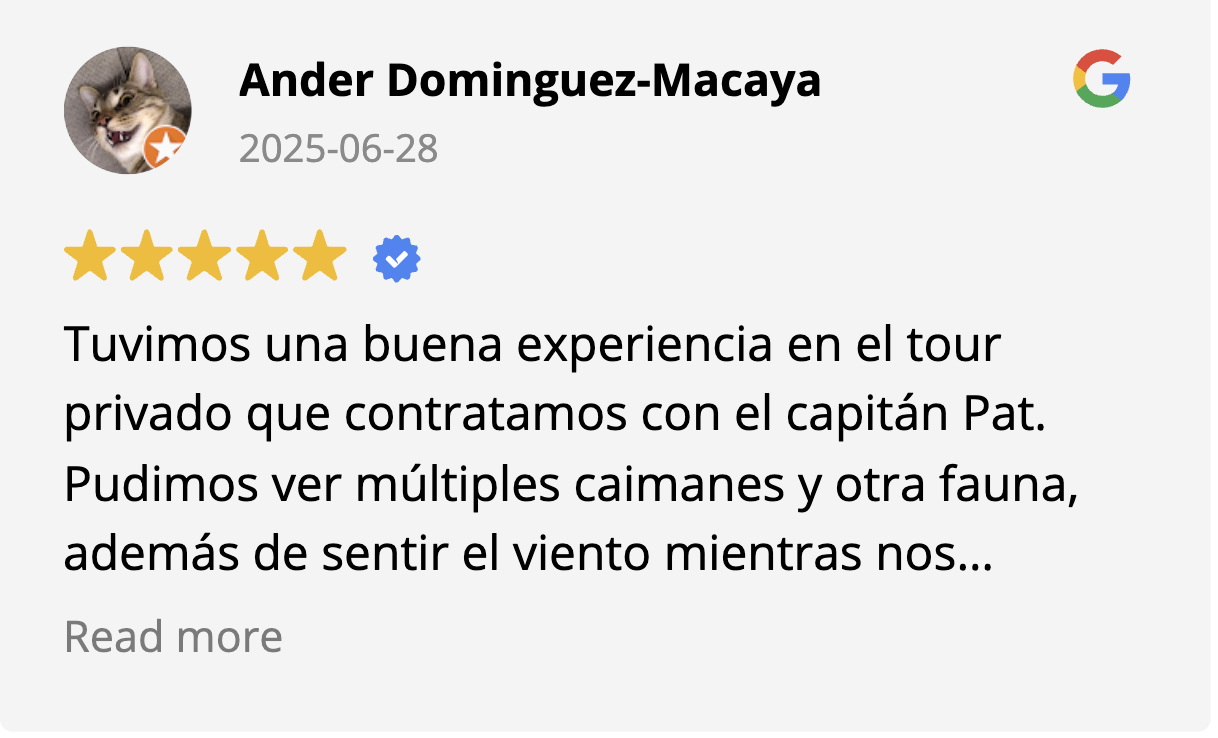 Customer Ander Dominguez-Macaya shares a positive review in Spanish about his private airboat tour with Captain Pat