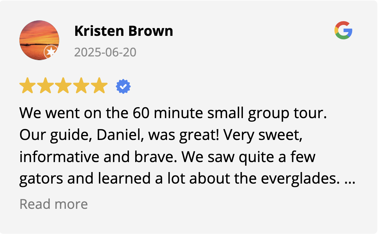 Kristen Brown leaves a glowing 5-star review of her 60-minute Everglades group airboat tour